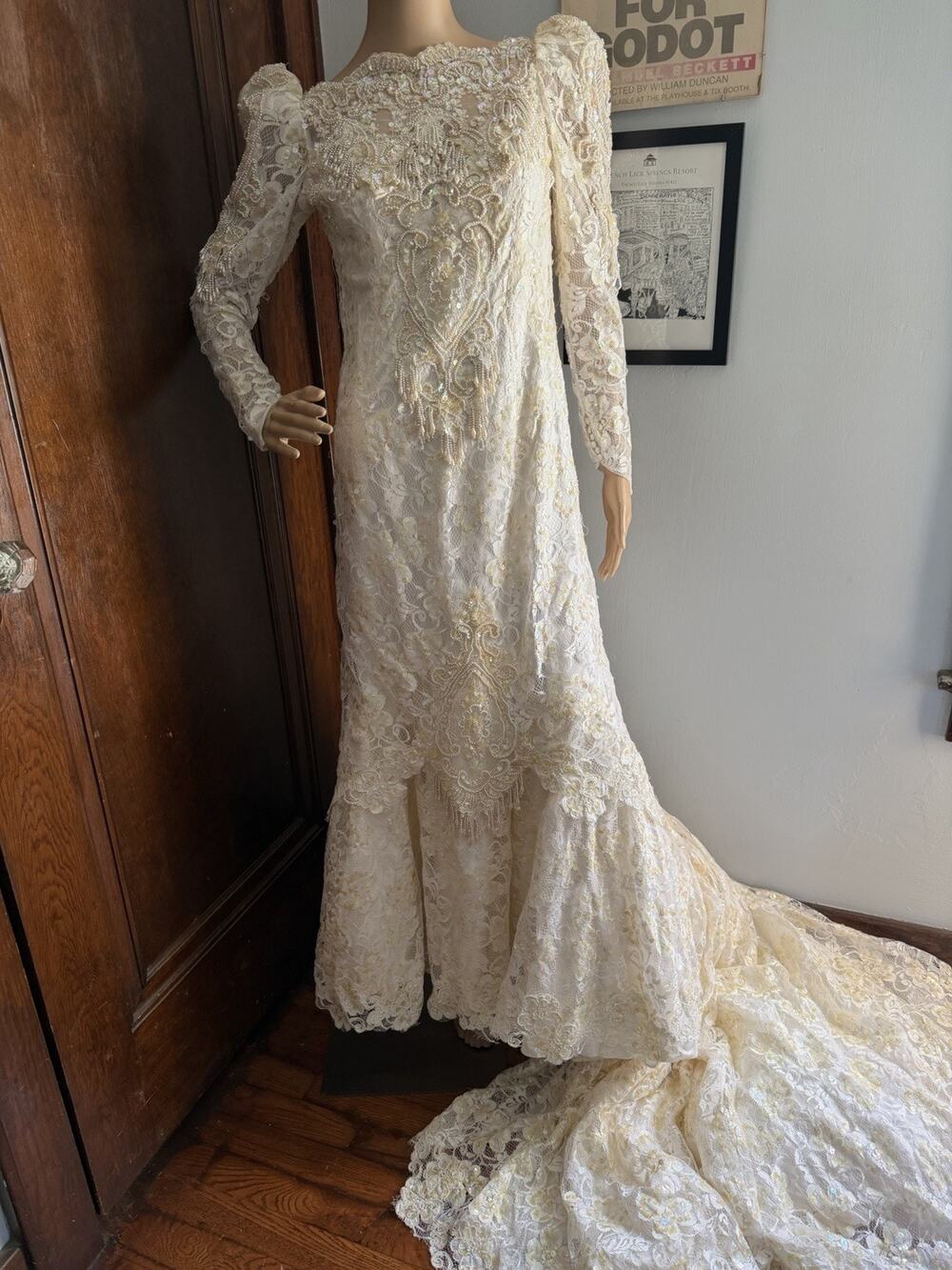 Vintage 90s Cream Satin, Lace & Sequin Wedding Dress M